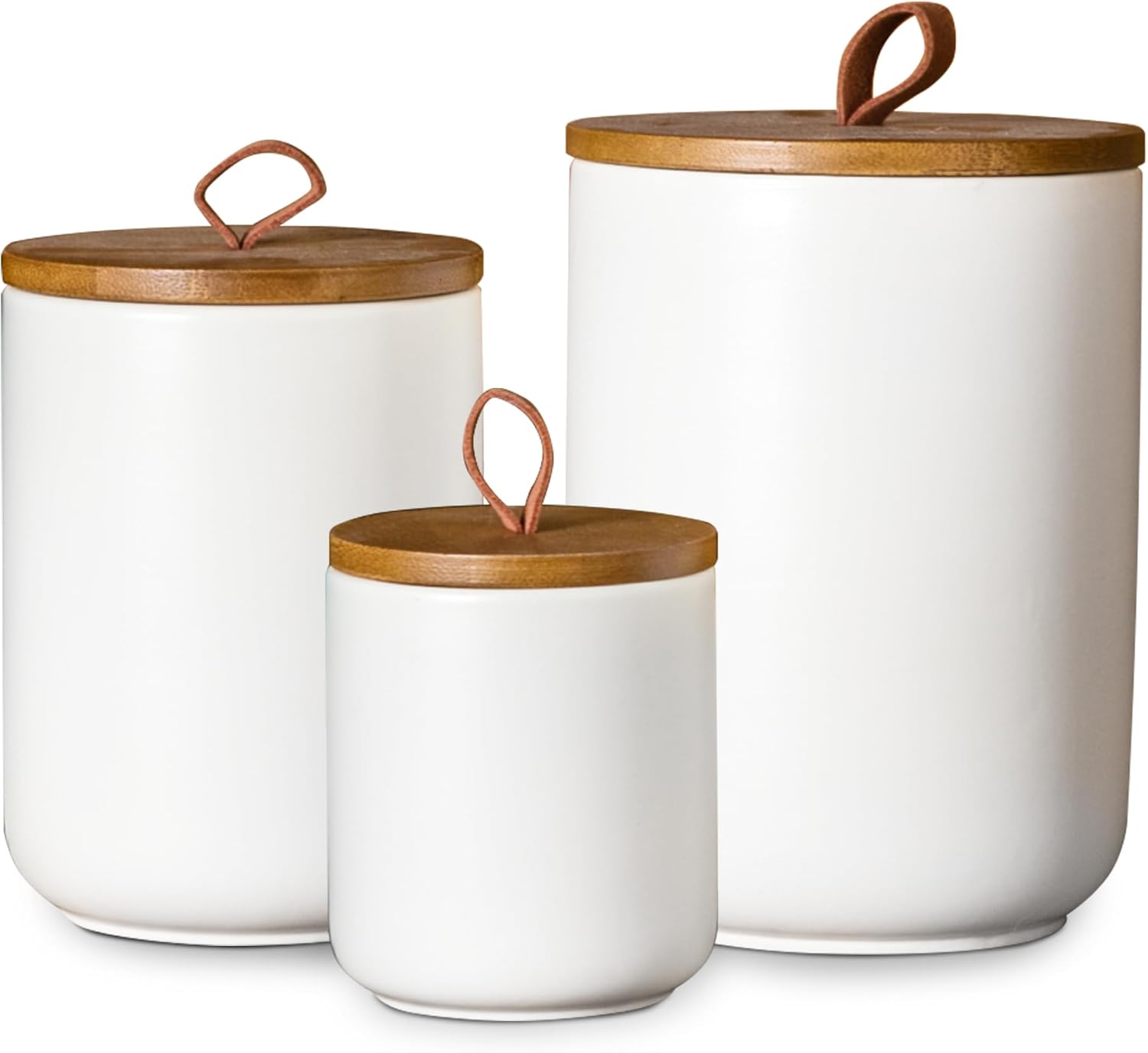 JOJUNO White Ceramic Canister Set with Wooden Lid, 3-Piece Airtight Food Storage Jars for Kitchen