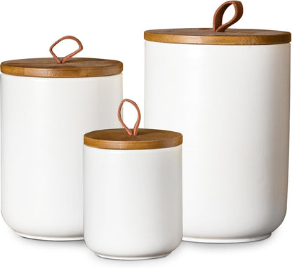JOJUNO White Ceramic Canister Set with Wooden Lid, 3-Piece Airtight Food Storage Jars for Kitchen