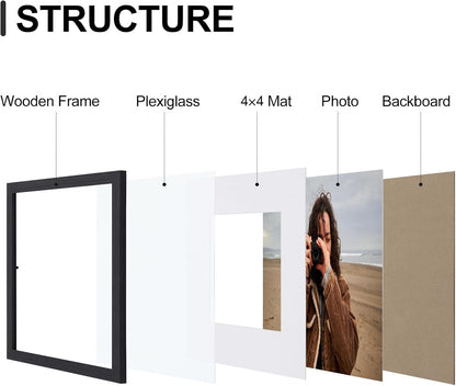 Vittanly 8x8 Picture Frames Set of 9, Shatter Resistant Plexiglass, Display 4x4 Pictures with Mat