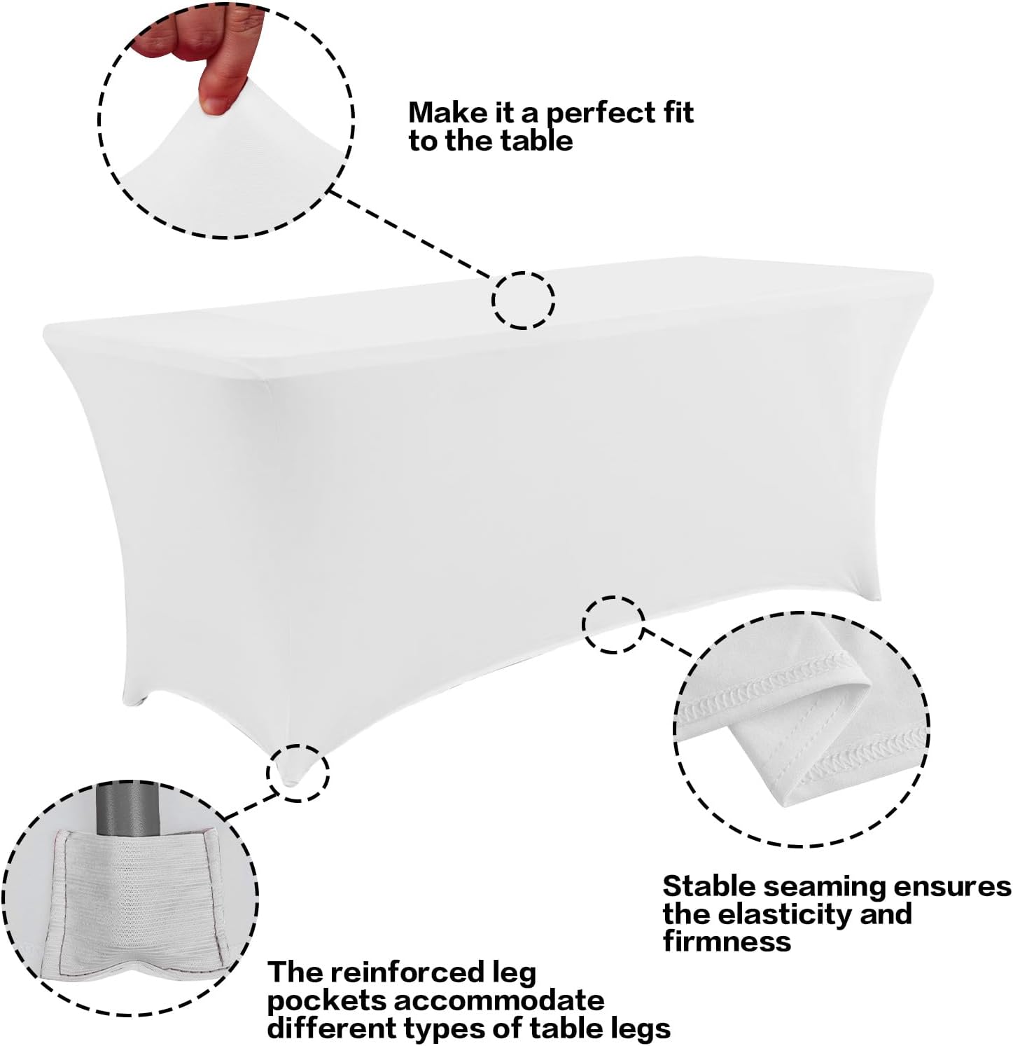 IVAPUPU 2 Pack 4FT Table Cloth for Rectangular Fitted Events Stretch White Table Covers Washable