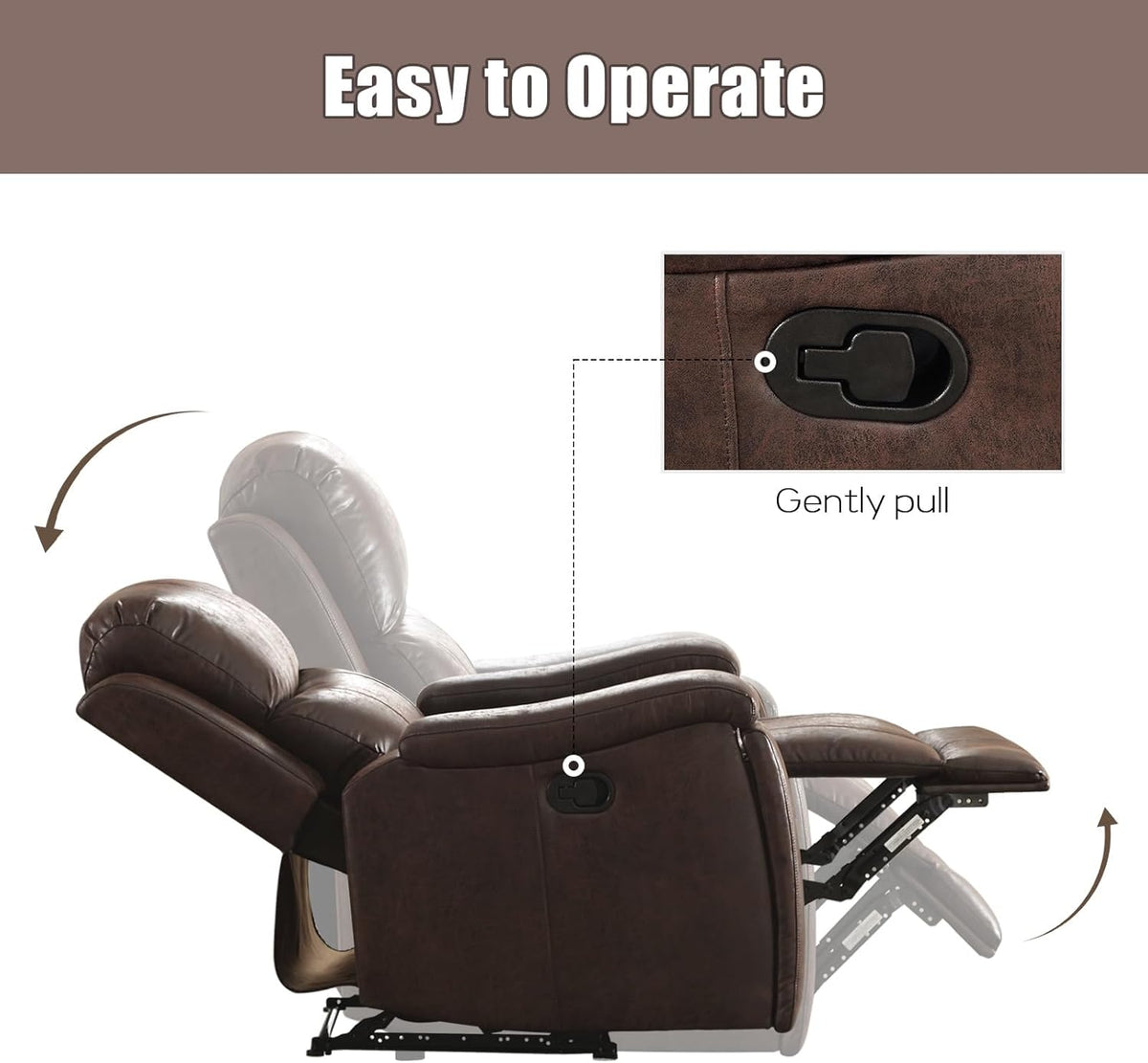 Brown Recliner Chair, Single Overstuffed Sofa Recliners, Breathable Faux Leather Manual Reclining
