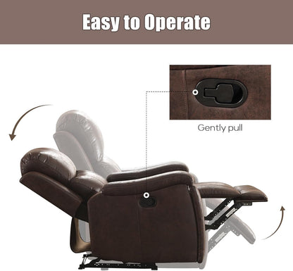 Brown Recliner Chair, Single Overstuffed Sofa Recliners, Breathable Faux Leather Manual Reclining