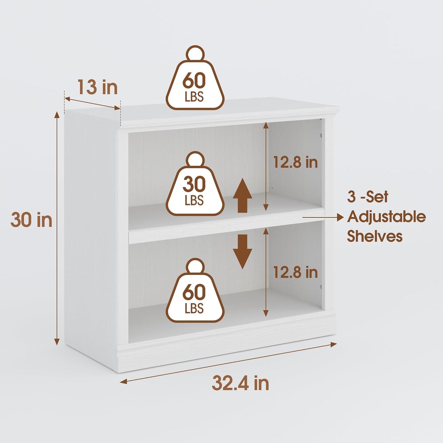 30" Bookcase, White Floor Standing Bookshelf, 2-Tier Display Shelves Open Storage Organizer, Book