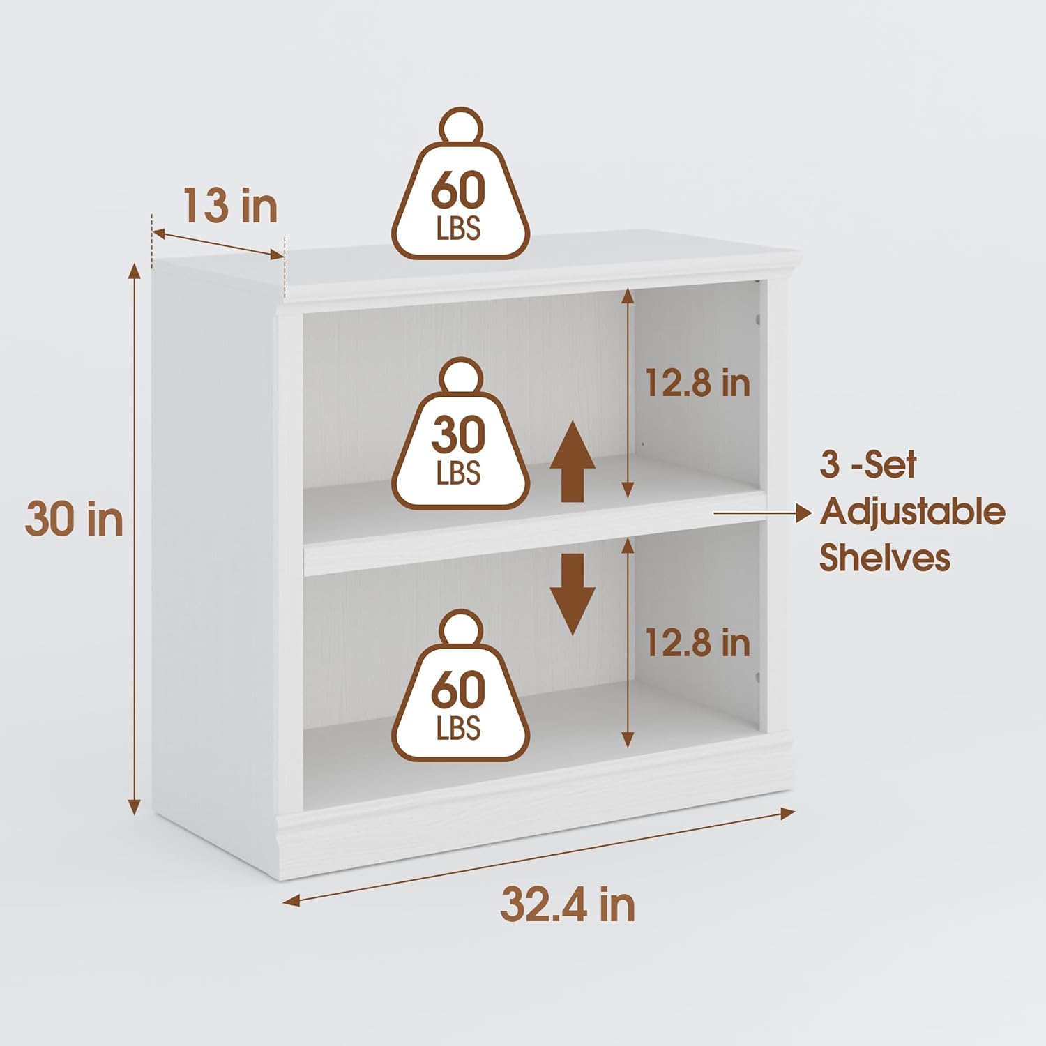 30" Bookcase, White Floor Standing Bookshelf, 2-Tier Display Shelves Open Storage Organizer, Book