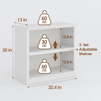 30" Bookcase, White Floor Standing Bookshelf, 2-Tier Display Shelves Open Storage Organizer, Book