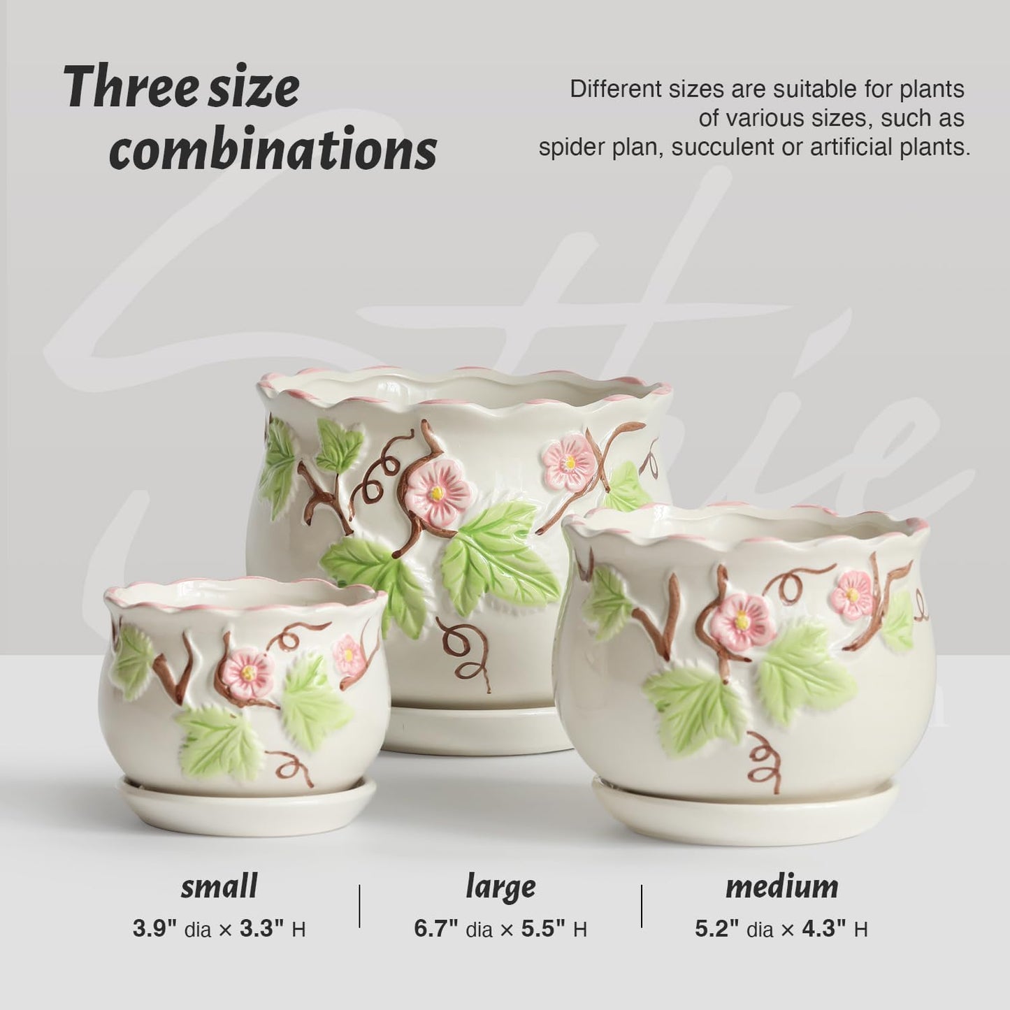 Ceramic Plant Pots with Drainage Holes and Saucers, Round Flower Pots for Indoor Plant, 3.9/5.2/6.7