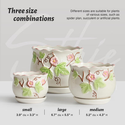 Ceramic Plant Pots with Drainage Holes and Saucers, Round Flower Pots for Indoor Plant, 3.9/5.2/6.7