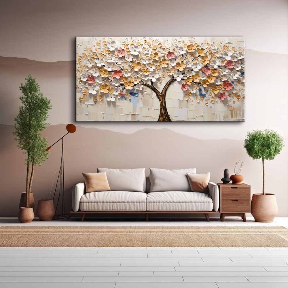 LASMOND 2D Flat White Spring Large Tree of Life Wall Art Office Decor Living Room Modern Painting