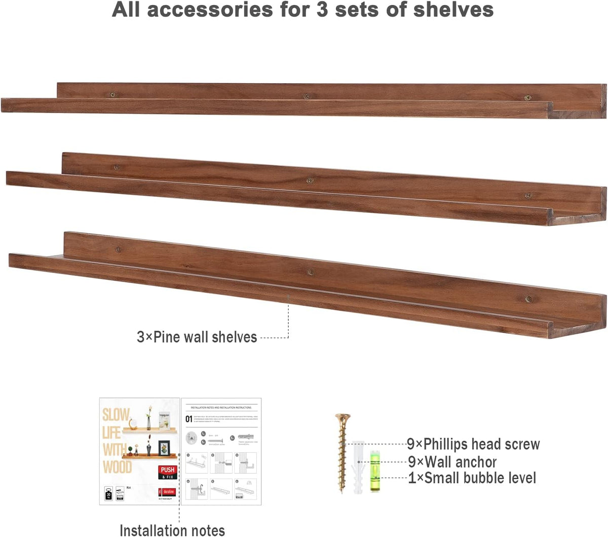 AZSKY 48 Inch Long Floating Shelves Wall Mounted Light Walnut Narrow Photo Picture Ledge Shelves
