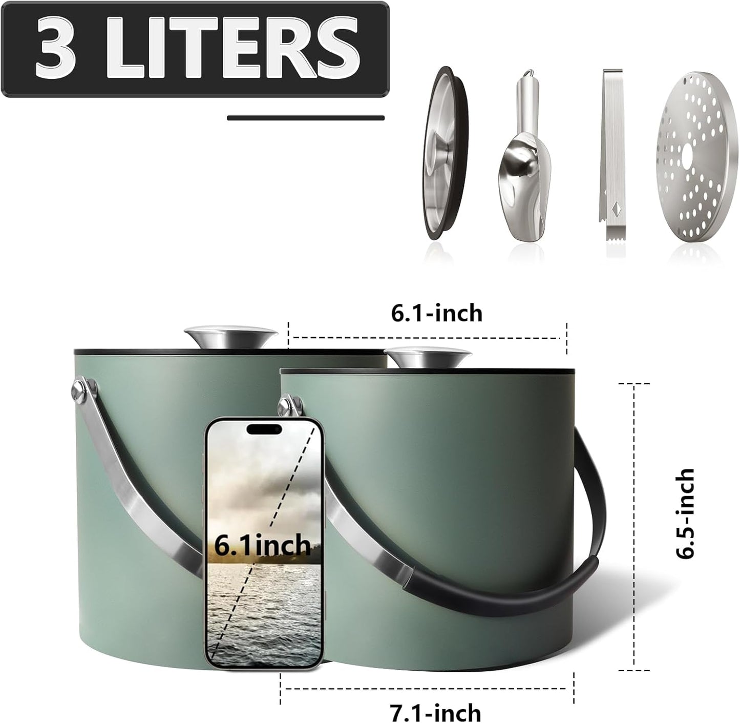 3L Ice Bucket with Silicone Lid, Scoop, Tongs & Strainer, Stainless Steel Double Wall Insulated Ice