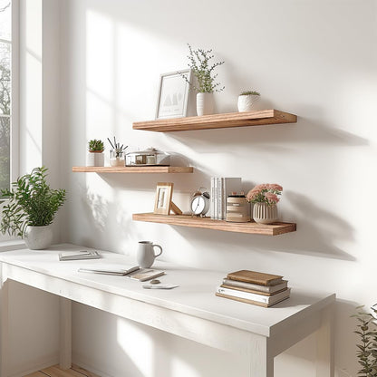 Light Wood Floating Shelves for Wall Rustic Wall Shelves for Bedroom Set of 6
