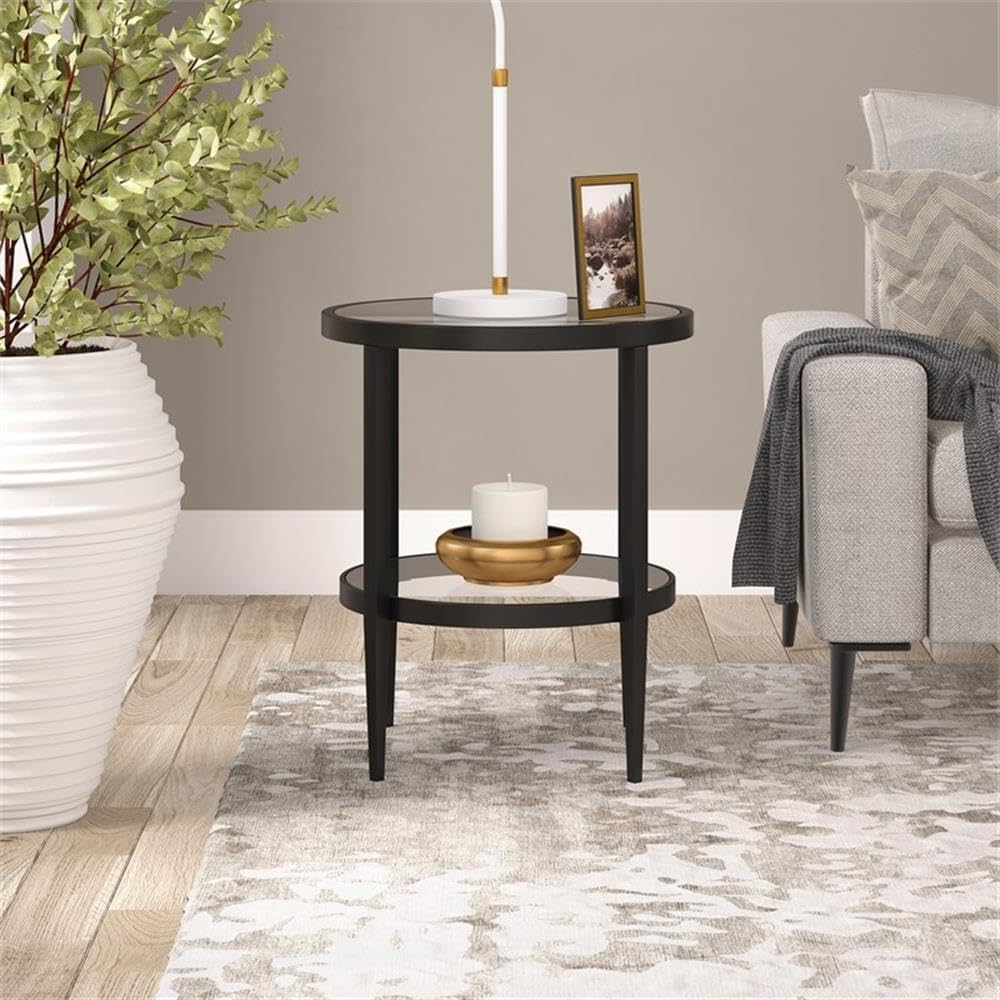 Henn&Hart 20" Wide Round Side Table with Glass Shelf in Blackened Bronze, Table for Living Room