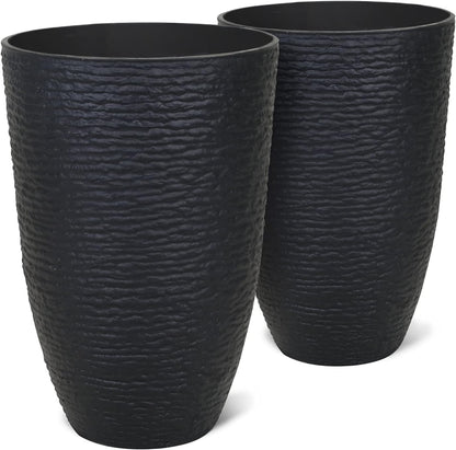 WORTH Garden 21" H Tall Planters 2 Pack - 14'' Dia Resin Large Round Black Flower Pots for Outdoor