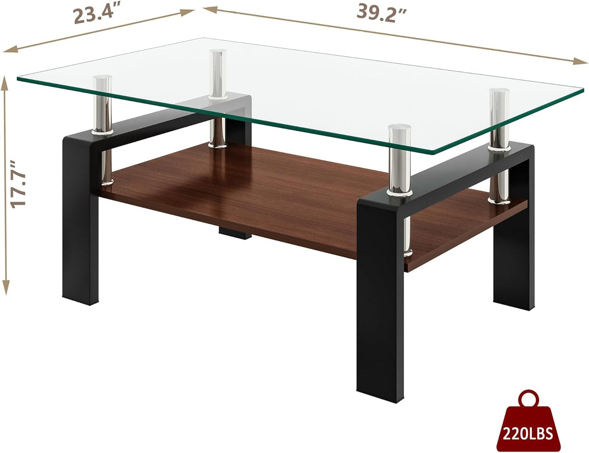 Tempered Glass Coffee Table Rectangle Living Room Center Table, with 39" Clear Top and Brown MDF