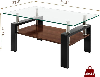 Tempered Glass Coffee Table Rectangle Living Room Center Table, with 39" Clear Top and Brown MDF