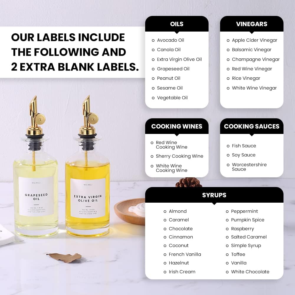 Molimoli Oil and Vinegar Dispenser with Metal Pour Spout, Weighted Pourer, Glass Bottle Dispenser