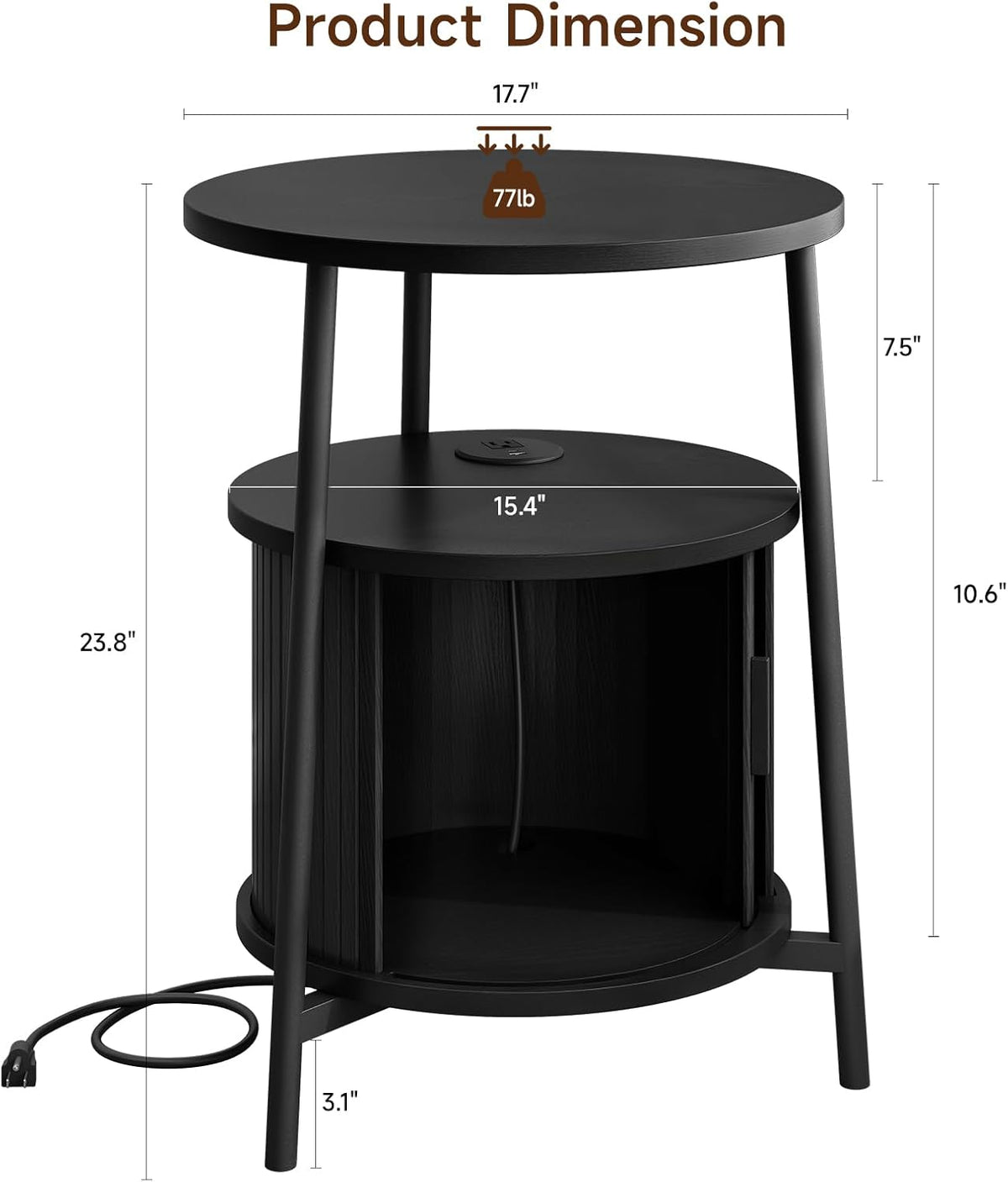 Round Side Table with Storage, Fluted Nightstand with Charging Station, Small Mid-Century Modern