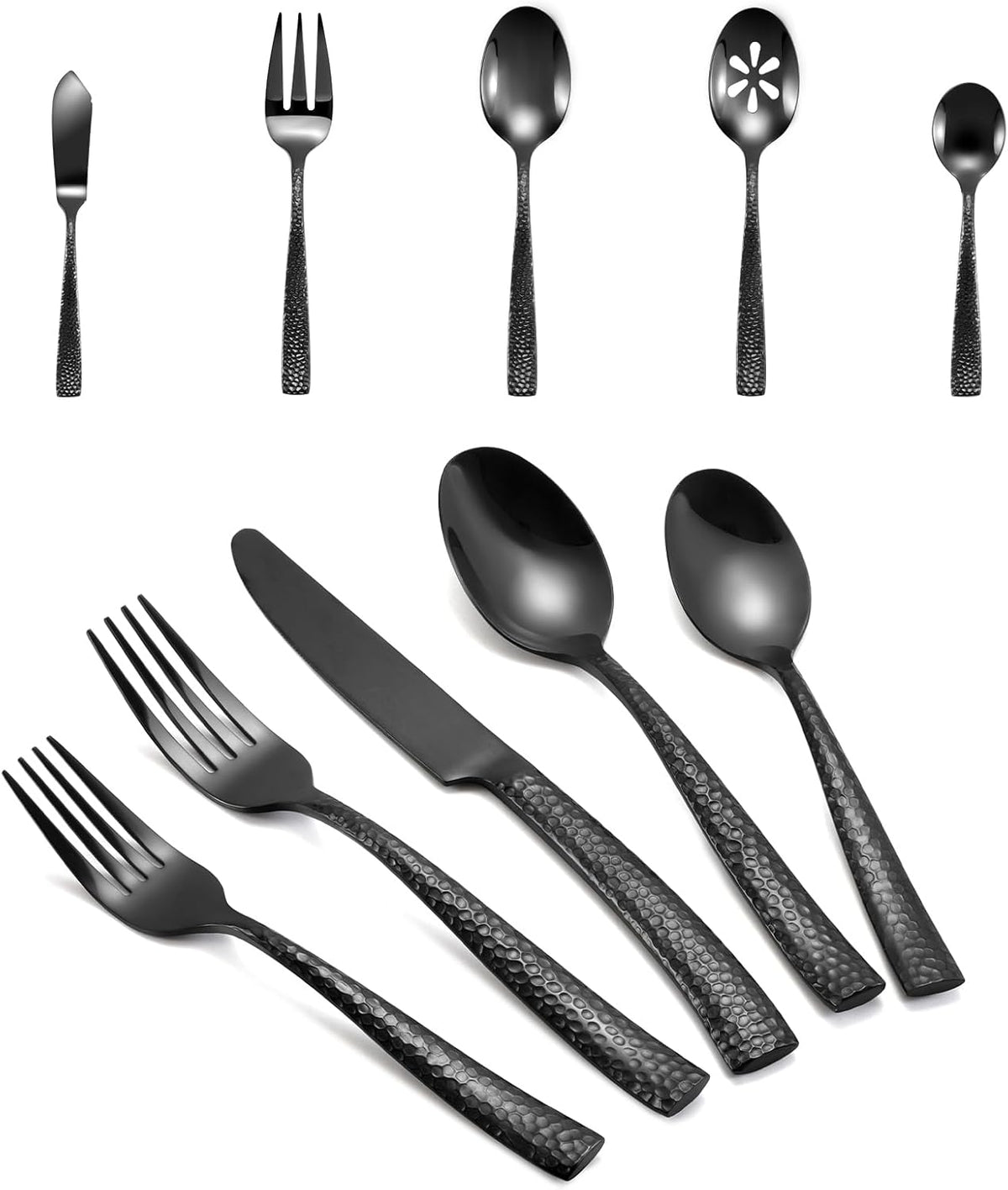 Silverware 45-Piece Black Hammered Flatware Set with Serving Utensils Stainless Steel Thick Handle