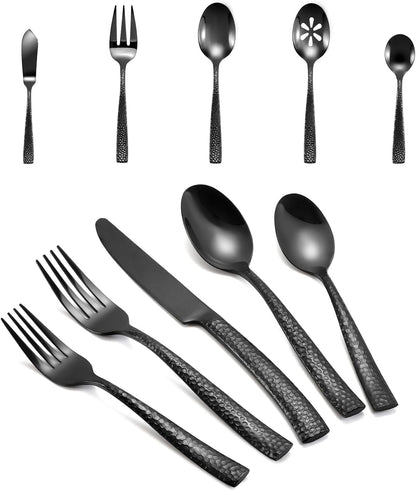 Silverware 45-Piece Black Hammered Flatware Set with Serving Utensils Stainless Steel Thick Handle