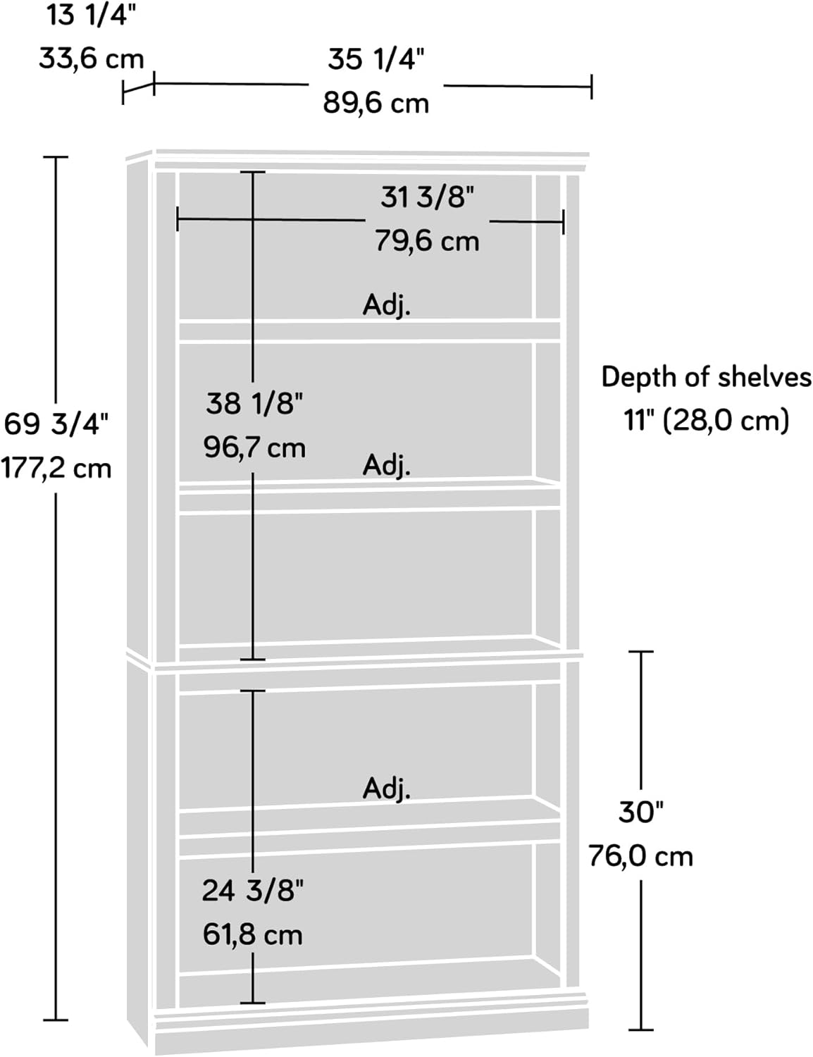 Sauder 5 Tier Book Shelf Wooden Bookcase Multipurpose Bookshelf for Home Office, Living Room, in