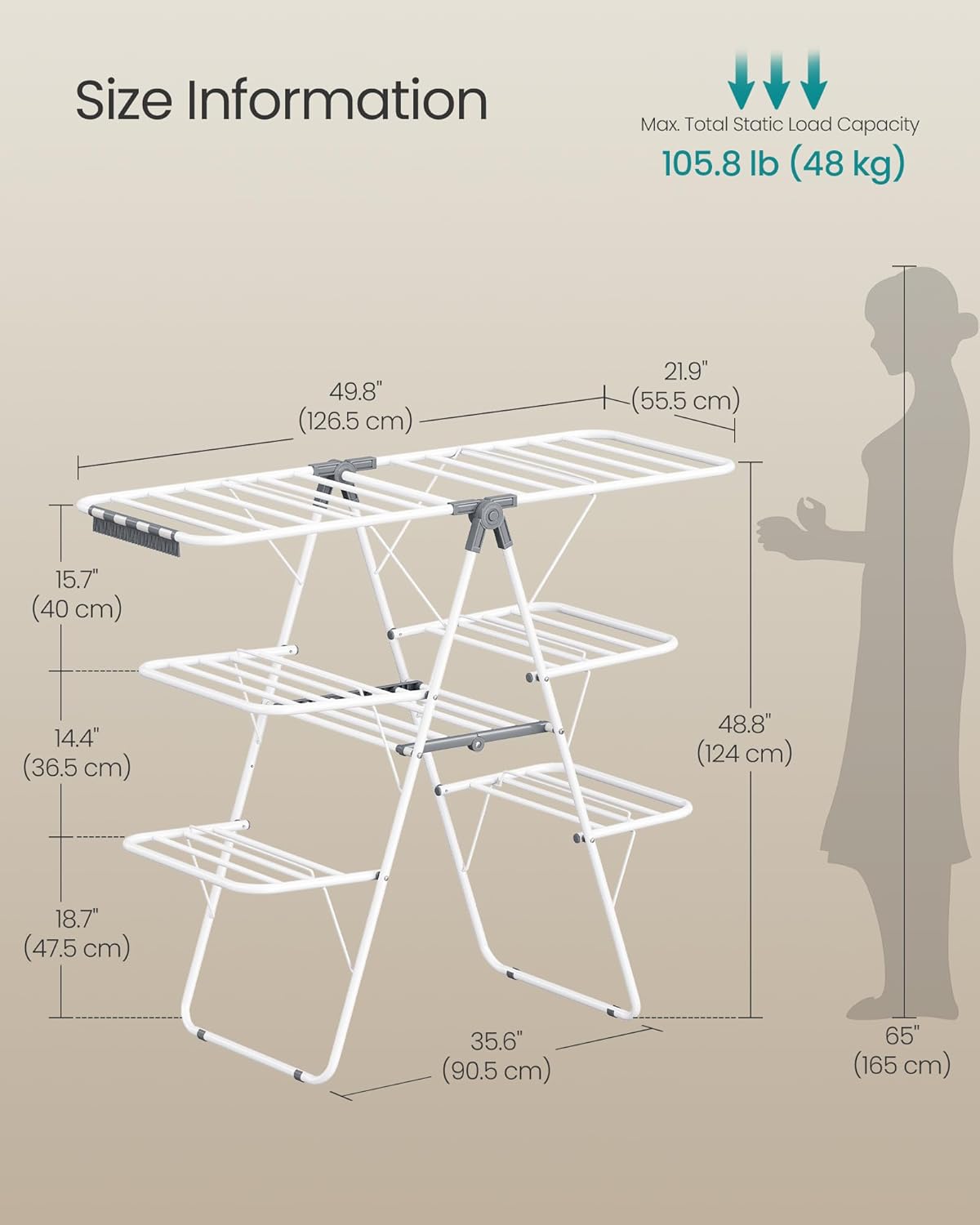 SONGMICS Clothes Drying Rack, Foldable 3-Level Laundry Rack, Free-Standing Large Drying Rack, with