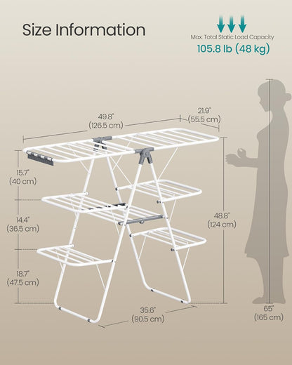 SONGMICS Clothes Drying Rack, Foldable 3-Level Laundry Rack, Free-Standing Large Drying Rack, with