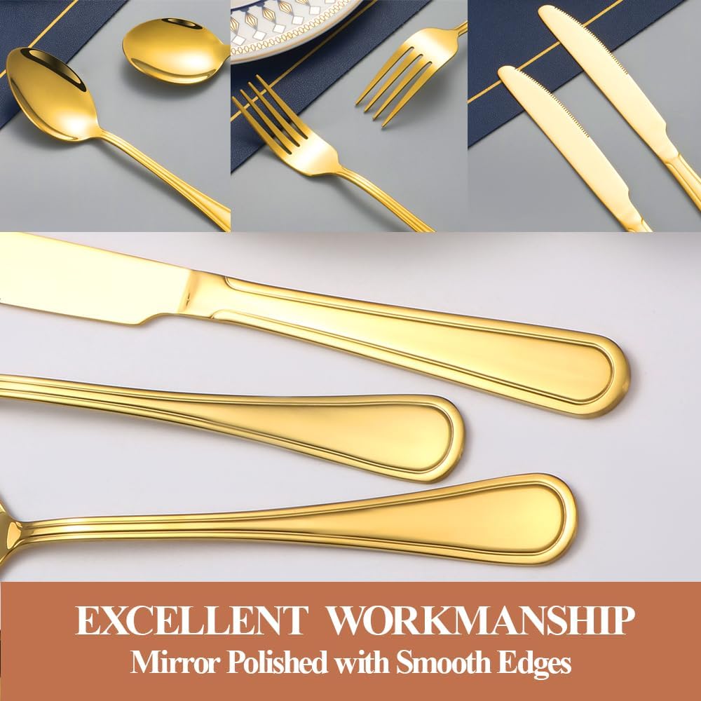 20 Pcs Gold Silverware Set for 4 with Simple Striped Handle Design, Food Grade Stainless Steel