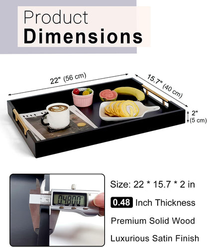 22 Inch Rectangle Black Ottoman Tray with Gold Metal Handles, Extra Large Wooden Serving Tray for