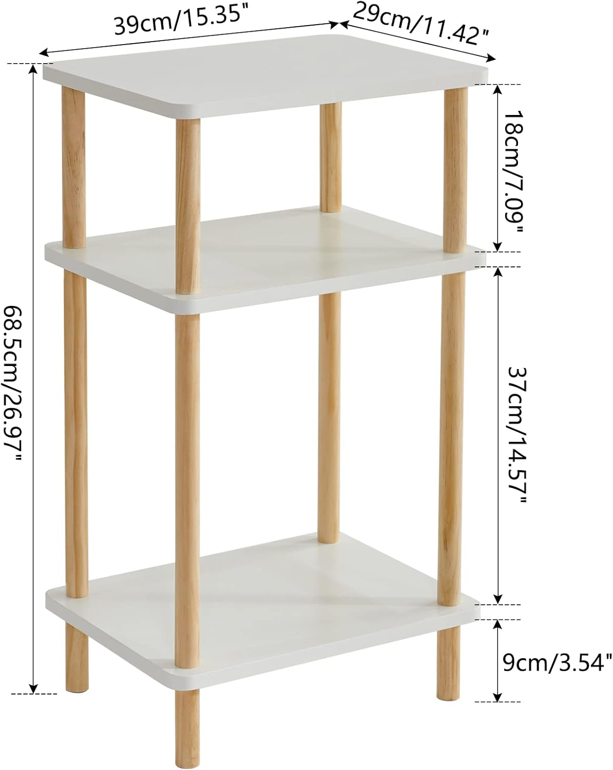 IBUYKE 3-Tier Side Table, Solid Wood Tall End Table with Storage Shelves, Nightstand Bedside Table