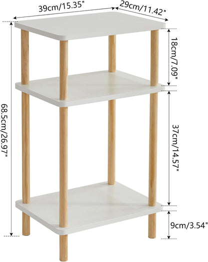 IBUYKE 3-Tier Side Table, Solid Wood Tall End Table with Storage Shelves, Nightstand Bedside Table