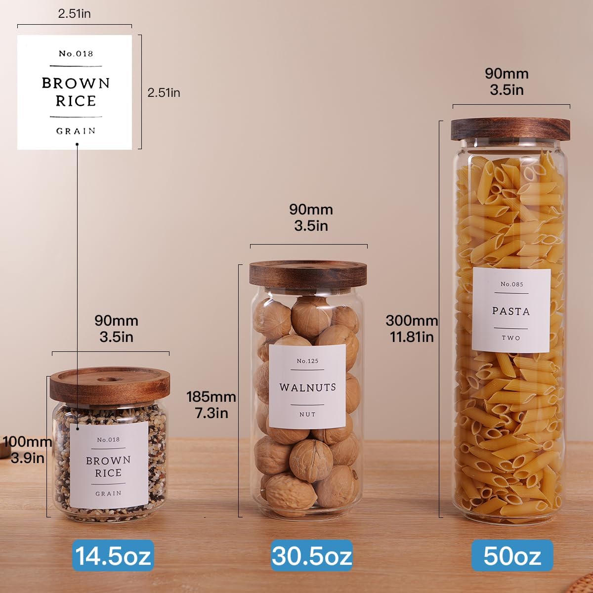 5 Set Glass Pantry Storage Jars with Acacia Airtight Lid - Thicken Glass Kitchen Canisters with 132