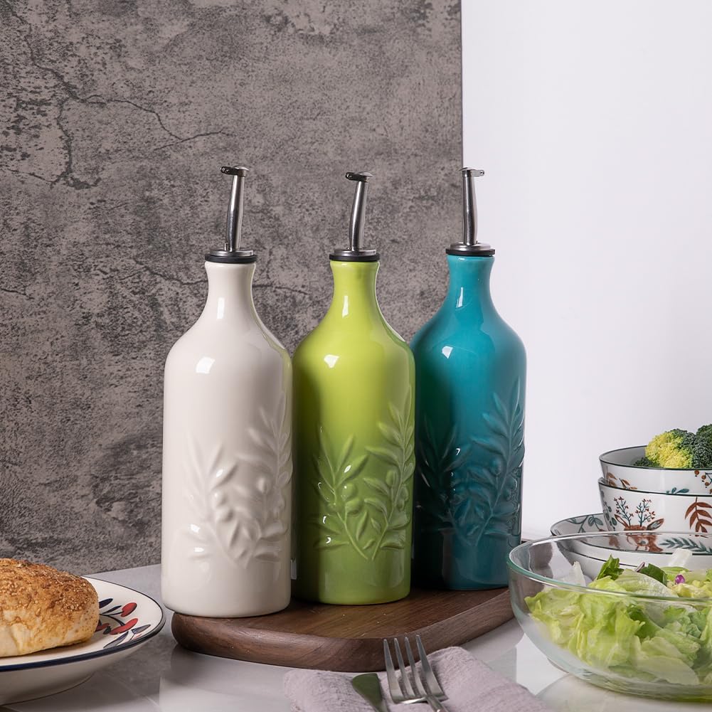 Sweejar Ceramic Olive Oil Dispenser Bottle, 20 Oz Relief Design EVOO Oil and Vinegar Dispensing