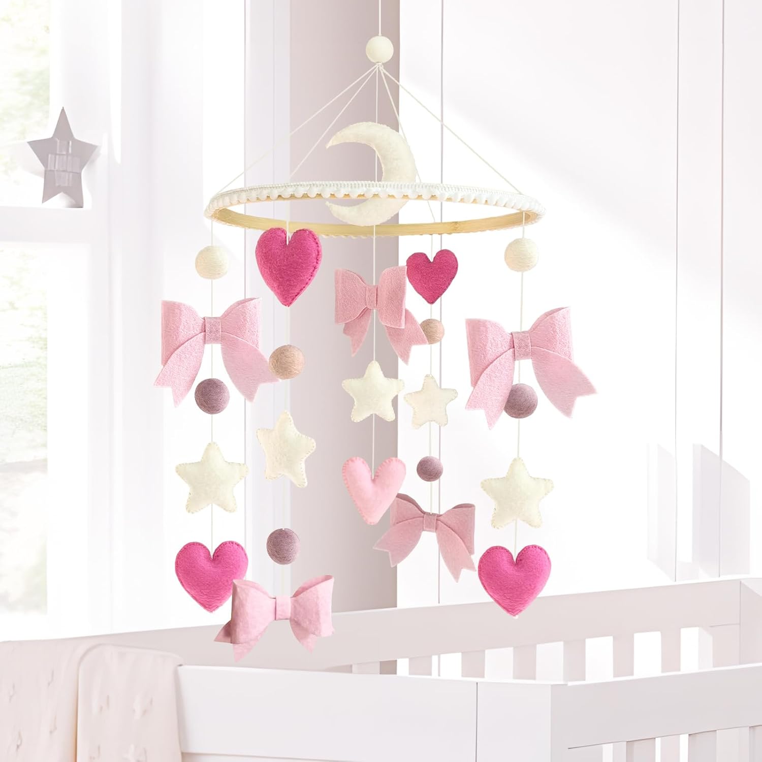 Baby Mobile for Crib Pink Bow Baby Crib Mobile for Girls Handmade Coquette Bow Nursery Decor for