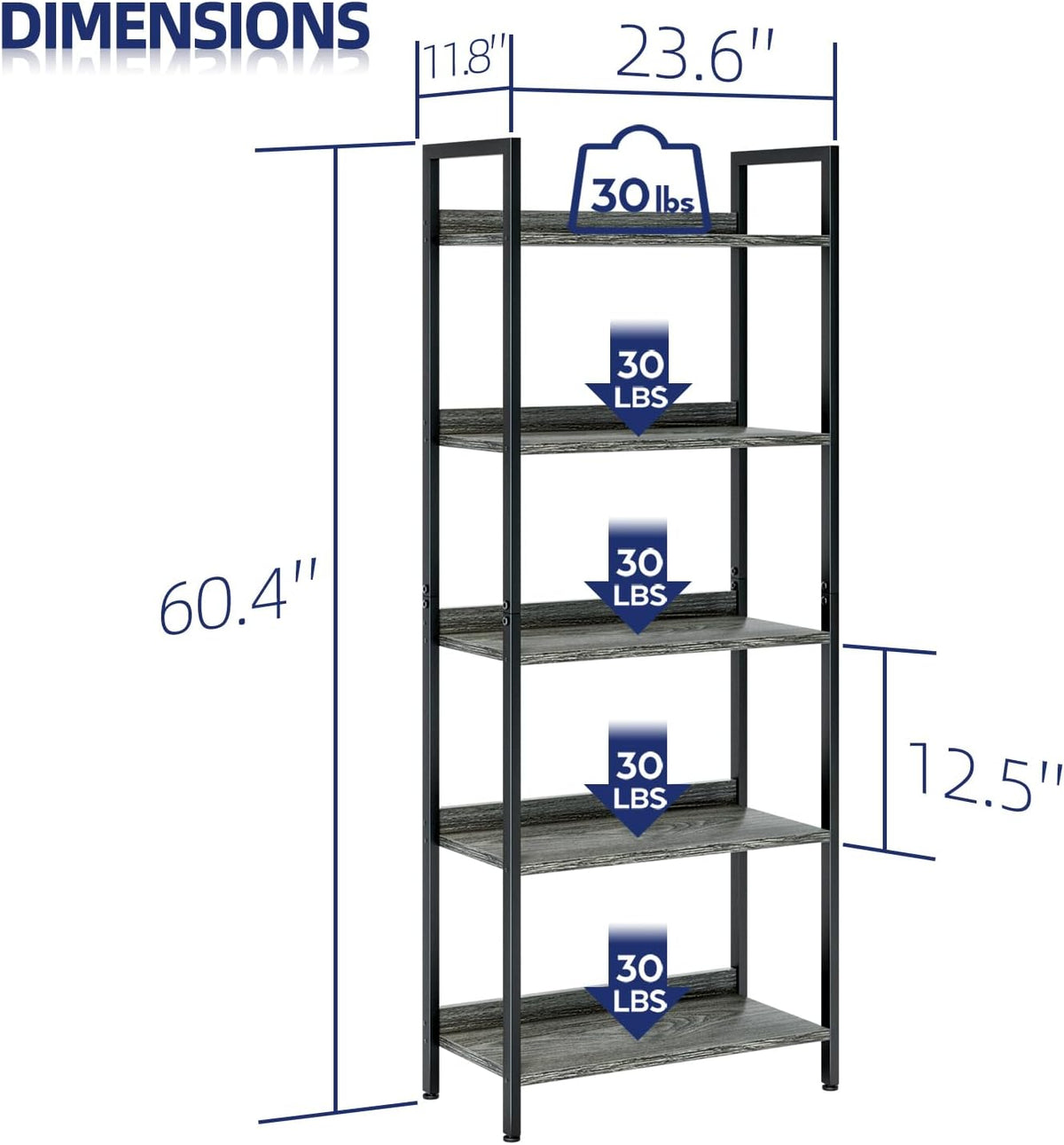 NUMENN Bookshelf, 5 Tier Bookshelves, Home Office Bookcase Shelf Storage Organizer, Free Standing