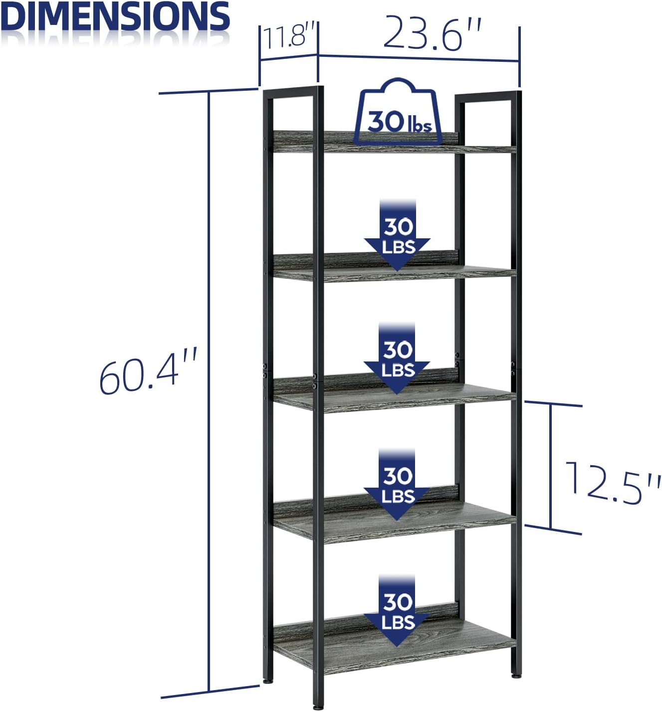 NUMENN Bookshelf, 5 Tier Bookshelves, Home Office Bookcase Shelf Storage Organizer, Free Standing