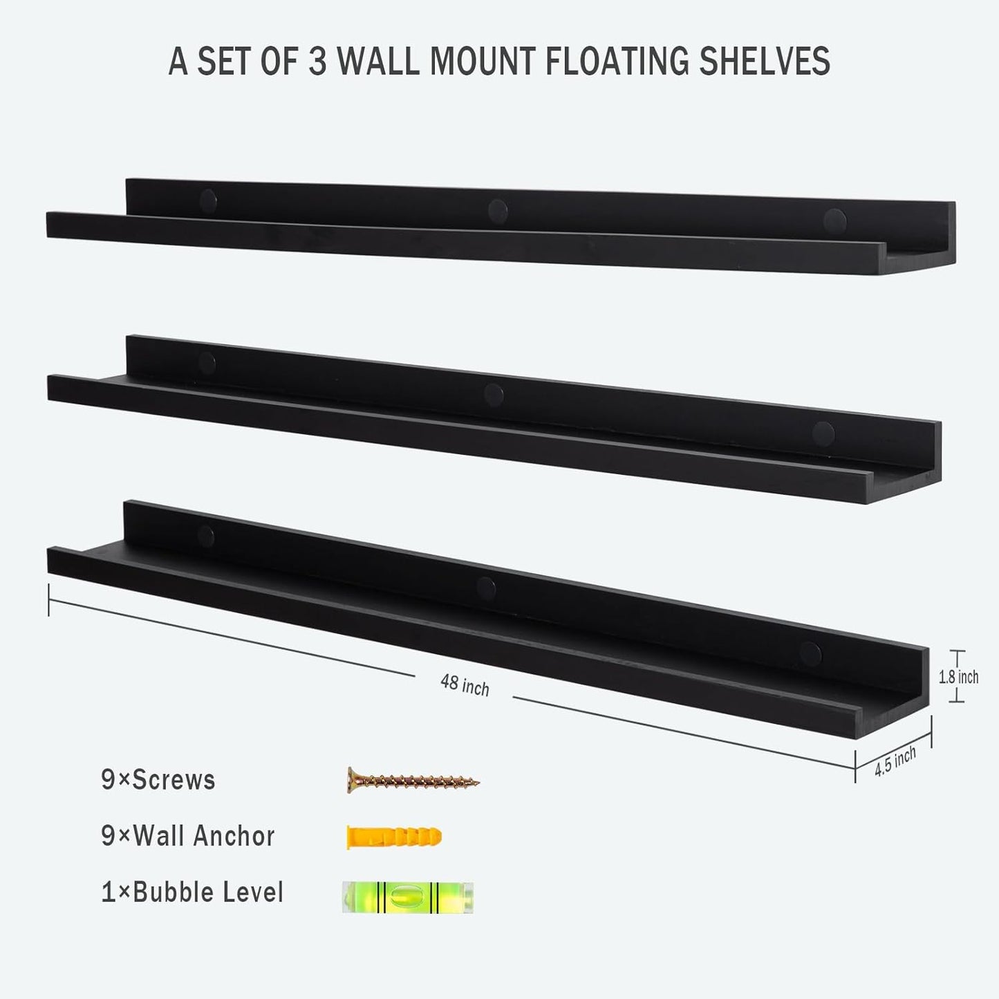 Long Floating Folding Shelves 48 Inch Wood Picture Ledge Shelf with Lip for Wall Black Storage