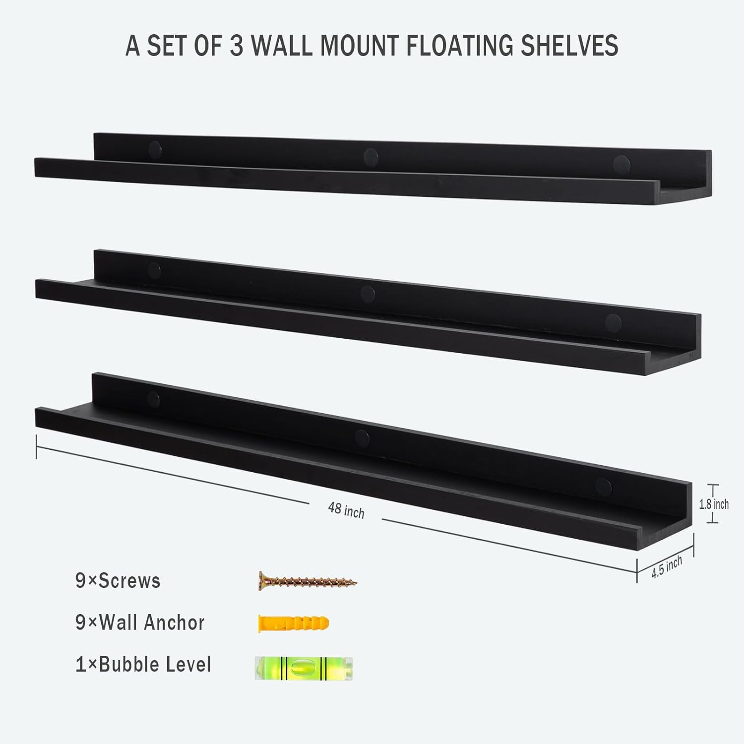 Long Floating Folding Shelves 48 Inch Wood Picture Ledge Shelf with Lip for Wall Black Storage