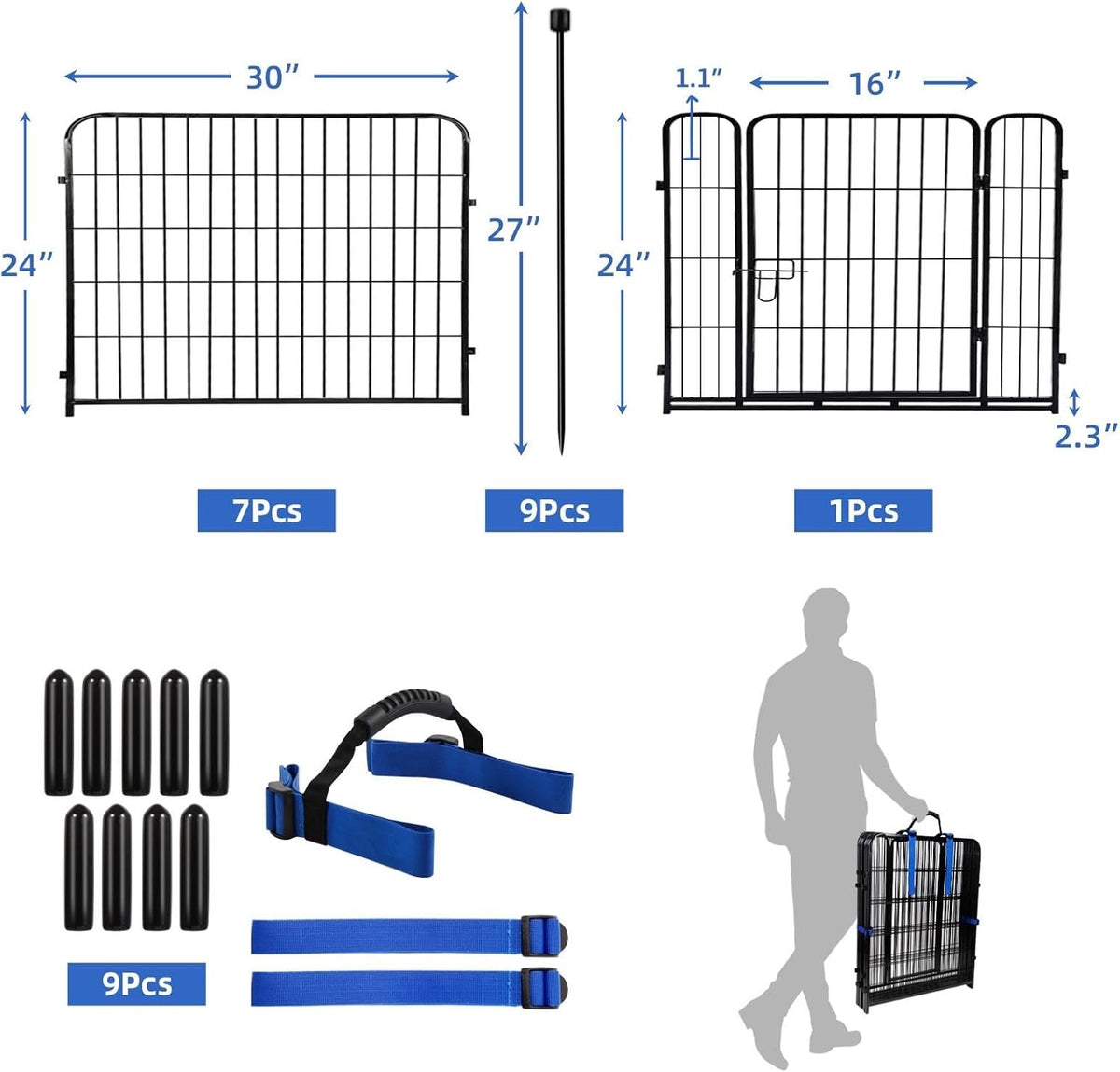 ADAVIN 24 in(H) Garden Fence with Gate, 8 Panels Total 19.7 Ft(L), Heavy Duty Iron Metal Animal