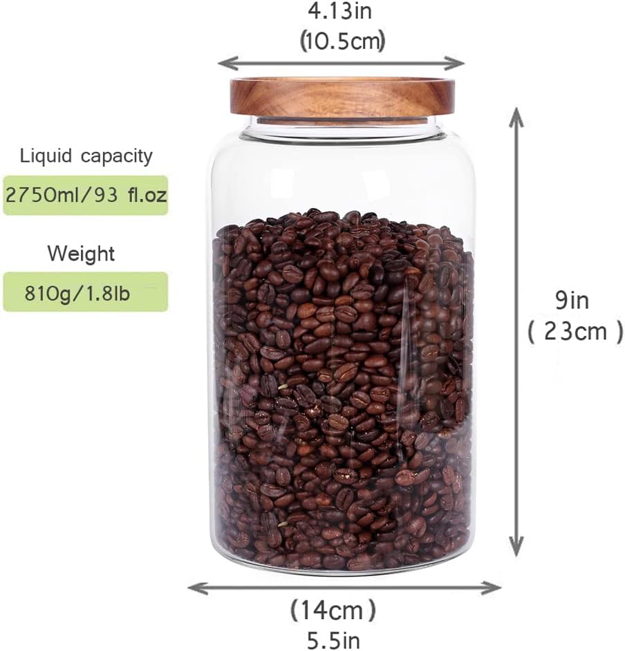 Large Glass Food Canisters, 93 FL OZ(2750ml) Kitchen Serving Stoarge Container with Airtight Wooden