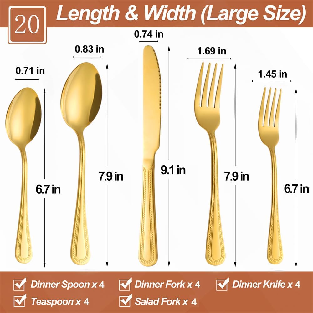 20 Pcs Gold Silverware Set for 4 with Pearled Edge Handle design, Food Grade Stainless Steel