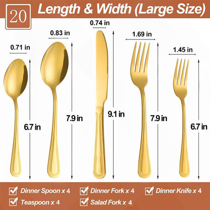 20 Pcs Gold Silverware Set for 4 with Pearled Edge Handle design, Food Grade Stainless Steel