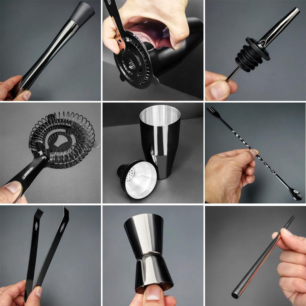 14-Piece Cocktail Shaker Set Bartender Kit with Black Stand, Bar Tool Set for Drink Mixing