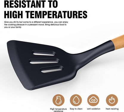 Silicone Cooking Utensils Set - Silicone Kitchen Utensils for Cooking Wooden Handles, 446°F Heat