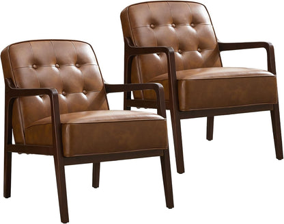 Faux Leather Accent Chair Set of 2, Mid Century Chair for Living Room, Upholstered Comfy Lounge