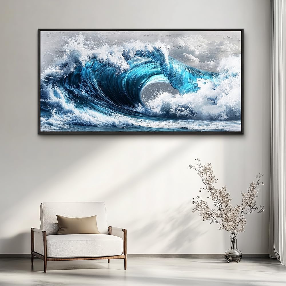 PHAOHUAXM Large Canvas Blue Wave Paintings Wall Art For Living Room Wall Decoration For Bedroom