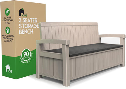 EconoHome 3 Seat Outdoor Storage Bench - 90 Gallon Capacity - Weatherproof Resin Bench for Patio
