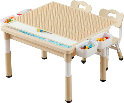 Multi Functional Kids Table and 2 Chairs Set, Graffiti & Building Blocks Double-Sided Tabletop