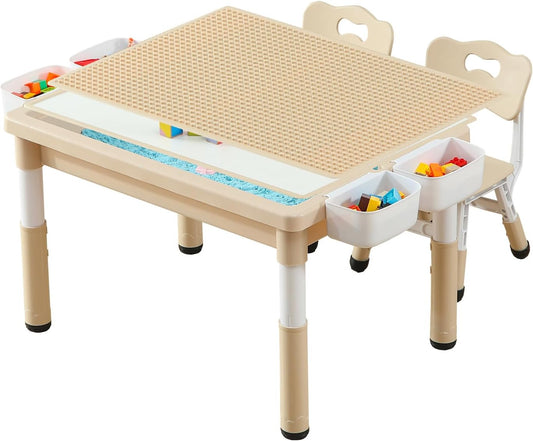 Multi Functional Kids Table and 2 Chairs Set, Graffiti & Building Blocks Double-Sided Tabletop