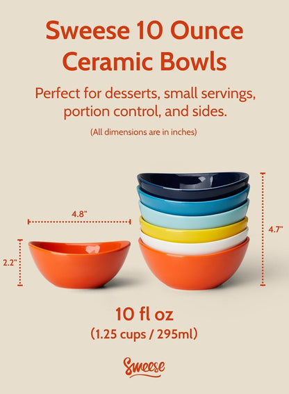 Sweese Porcelain Bowls Set - 5 Inch, 10 oz, Assorted Colors, Set of 6, Microwave Dishwasher Safe