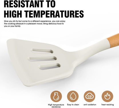 Silicone Cooking Utensils Set - Silicone Kitchen Utensils for Cooking Wooden Handles, 446°F Heat